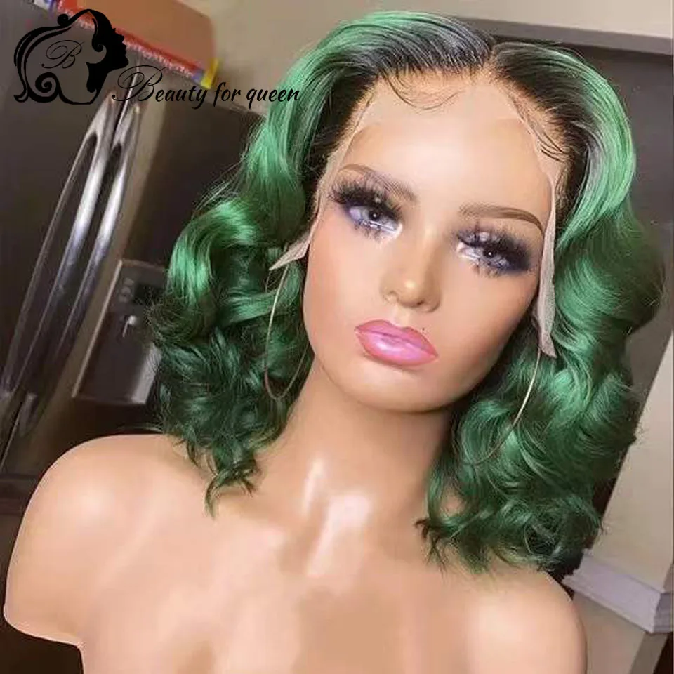 

High Quality 13x4 Lace Front Human Hair Wigs 180% Density 1b Green Colored Short Bob Wig Pre Plucked Wave Women Cosplay Fashion