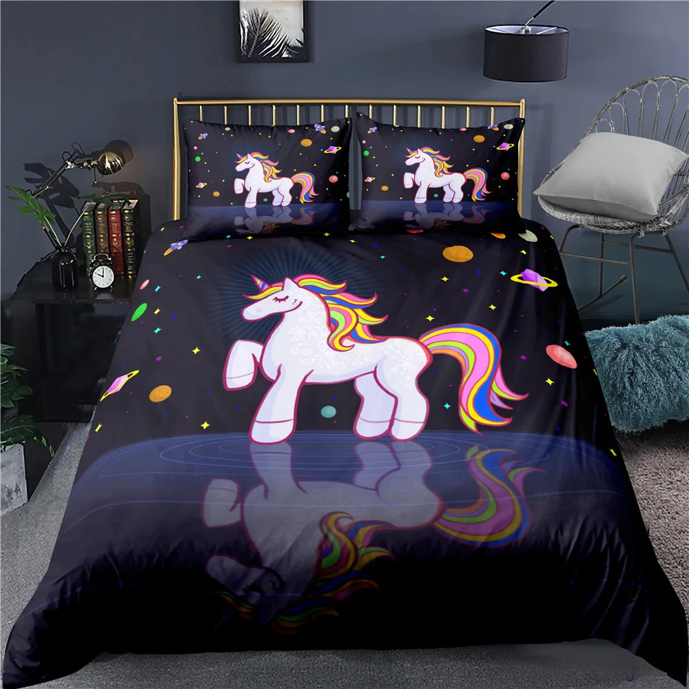 Children Bedding Sets Gifts Unicorn And Colorful Horse Printing Duvet Cover Sets For Kids Girls Boys 3 Pieces