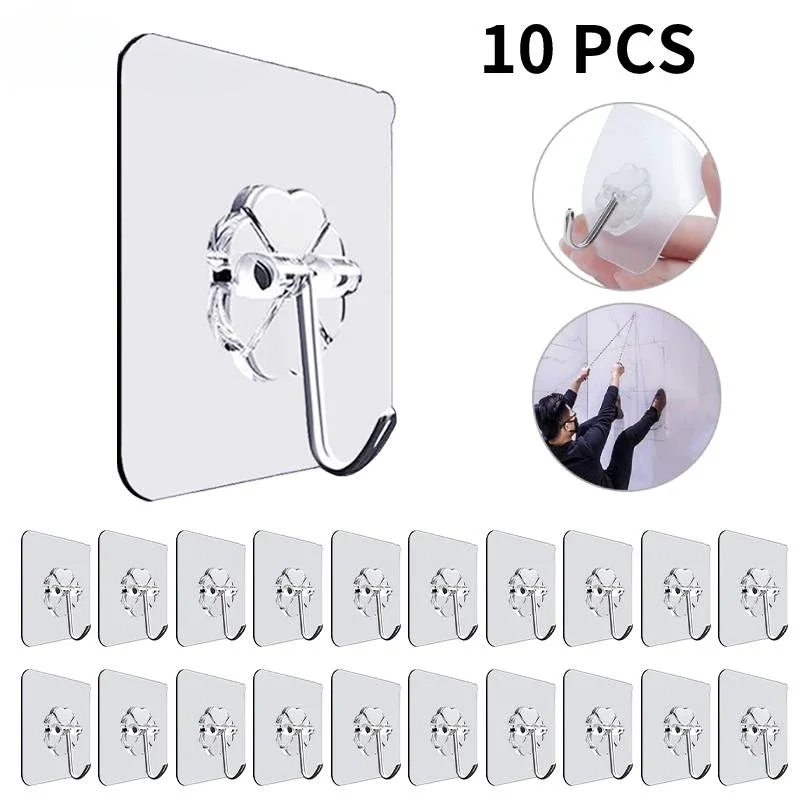 10pcs Transparent Hooks Strong Self Adhesive Key Storage Hanger Multi-Function Towel Hanging Hook For Kitchen Bathroom Storage