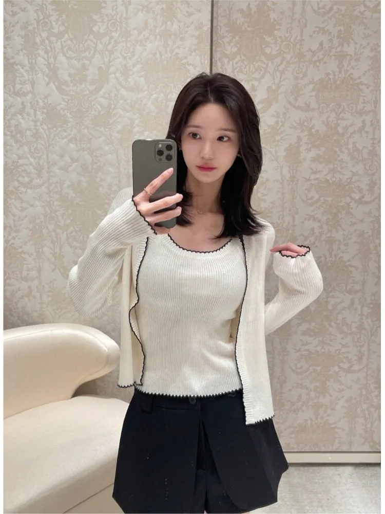 Casual Knitted Two-Piece Set Women's Color Block Tank Cardigan Top Set Spring Autumn Winter Campus Hiking Street Style Outdoor