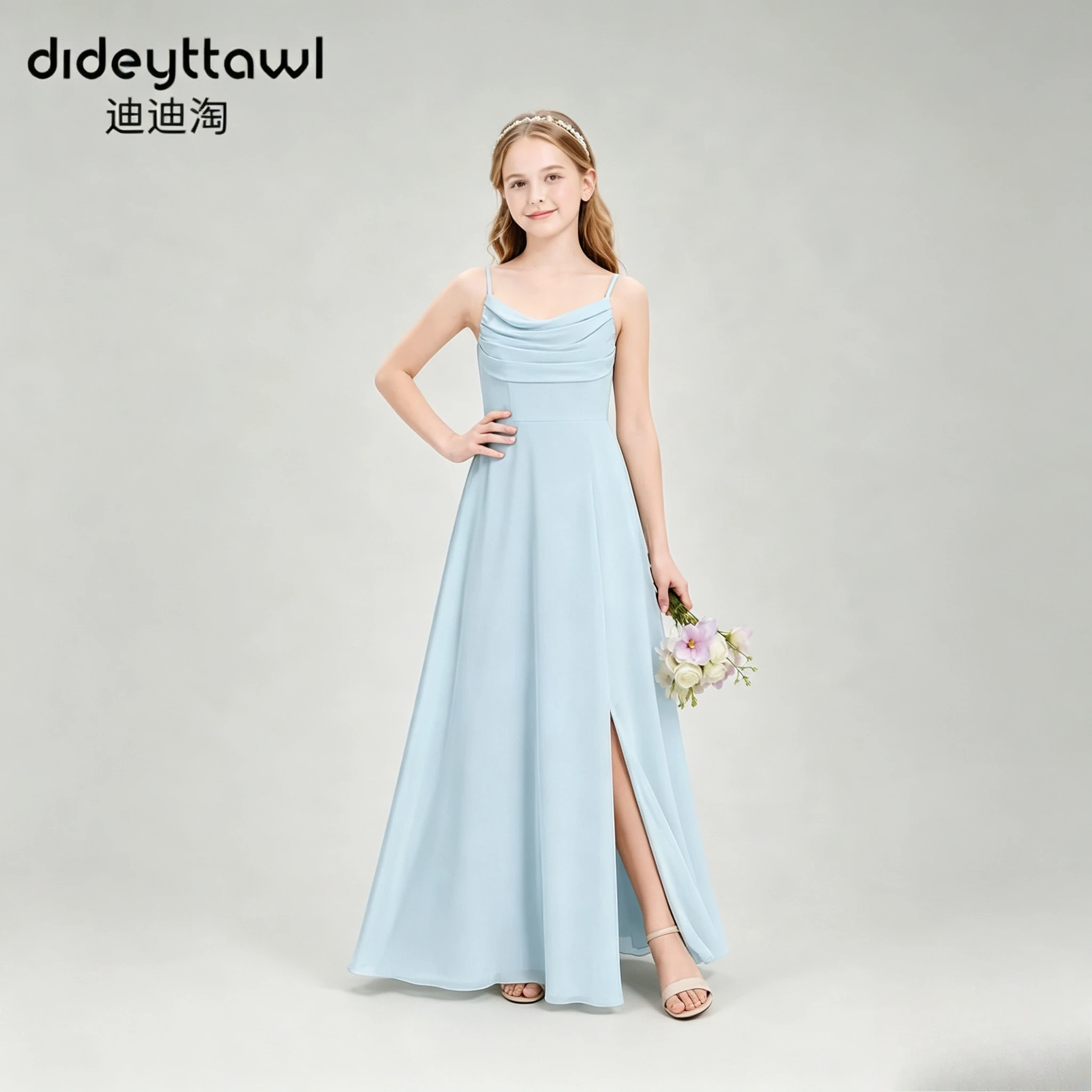 Multi Color Chiffon Bridesmaid Dress Spaghetti Strap Back Cutout Long Maxi Gown Side Slit Junior Girls Formal Evening Outfit