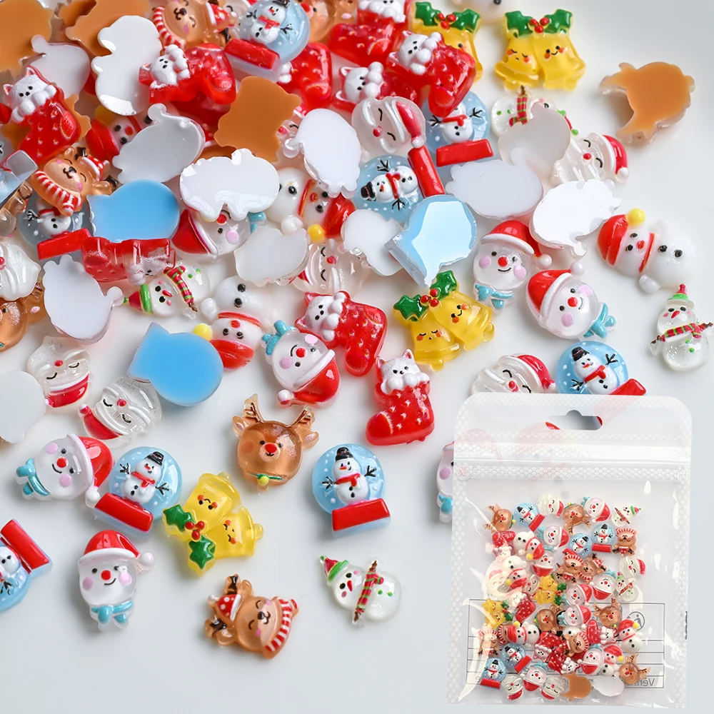 50PCS/Pack 3D Cute Mixed Christmas Nail Charms Cartoon Resin Kawaii Snowman Santa Claus Elk Nails Decor DIY Xmas Manicure Parts