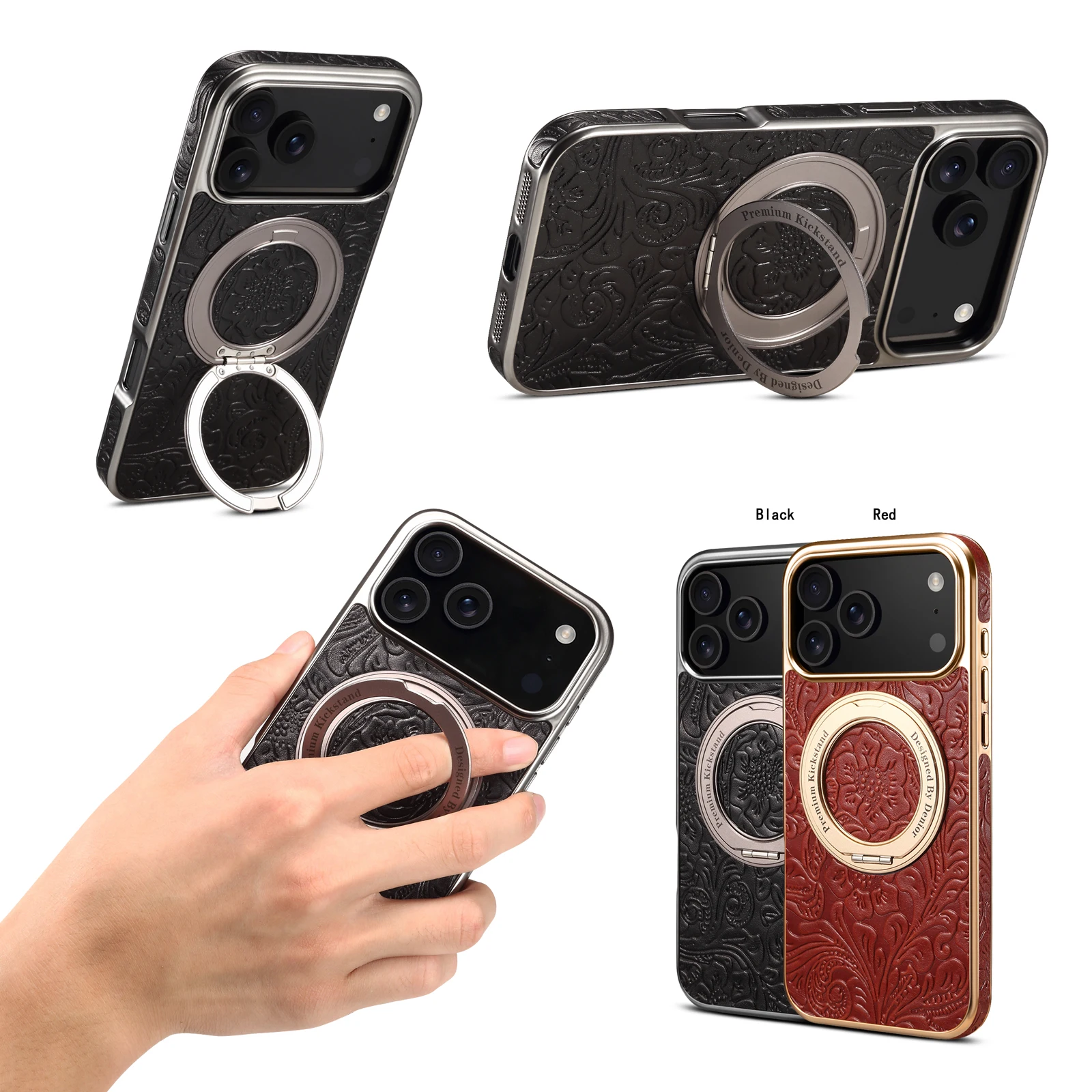 

Чехол из воловьей кожи в стиле ретро для iPhone 13, 14, 15, 16, 17 Pro Max Plus 17 AiR с нерегулярным цветком и магнитным металлическим вращающимся кронштейном для телефона