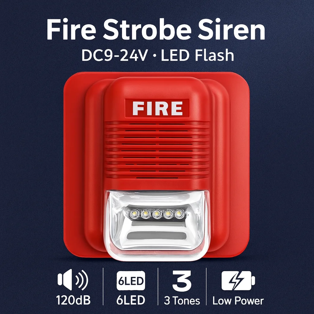 Fire Strobe Siren 120dB · 6 LED Flash · 3 Selectable Tones · DC9–24V Alarm Horn for Warehouse, Corridor, Parking Safety