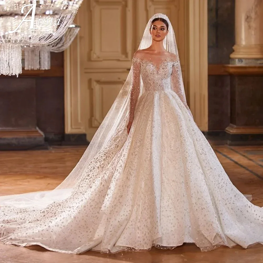 Vestidos De Novia Glänzende Pailletten A-Linie Lange Ärmel Ballkleid Brautkleid Perlen Tüll Luxus Hochzeitskleid Taste Zurück