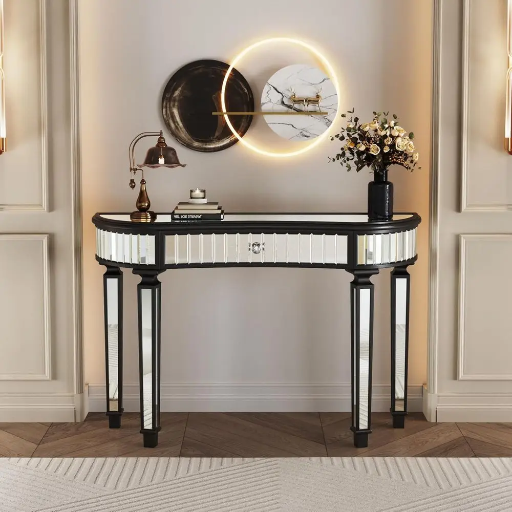 

47" Hal Moon Mirrored ole Table with Glass Crystal Knob Der Silver Entryway Vanity Desk or Bedroom,Dring Room(Black+Sliver)