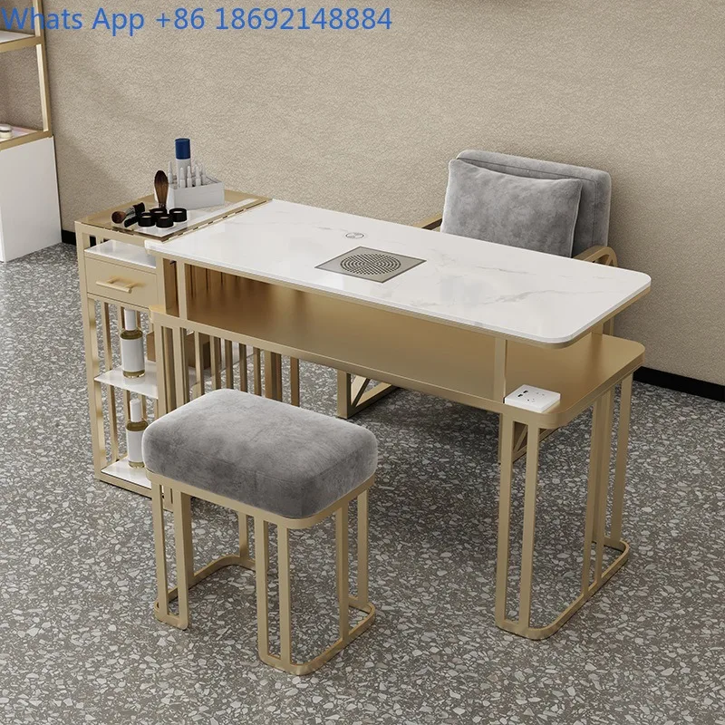 

Vacuum Cleaner Nail Table and Chair Set Marble Surface Single Double Three Person Nail Table Full Set Light Luxury with Socket