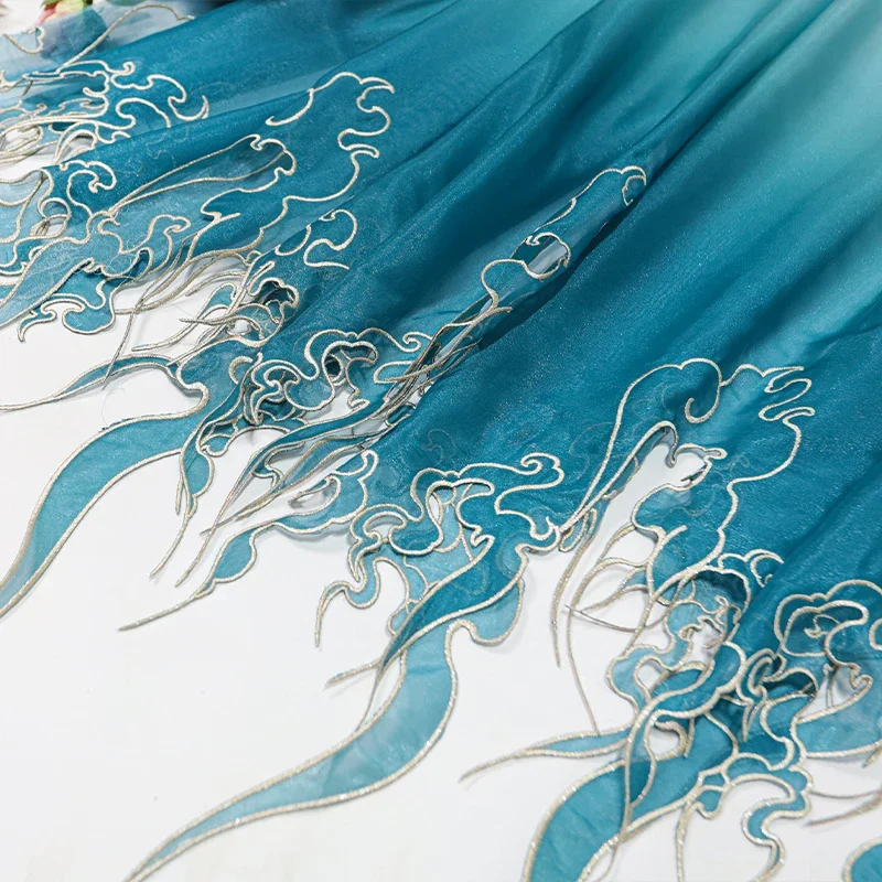 中国風刺繍蓮の葉グラデーション生地-diy-漢服ドレススカートステージ衣装結婚式の服装デザイナー縫製布