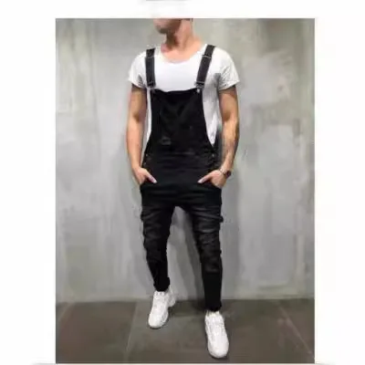 Loose Men's Denim Overalls Torn Casual Long Sleeve Men's Jeans Overalls Small Foot Pants Four Seasons Wear Resistant Denim - view 3