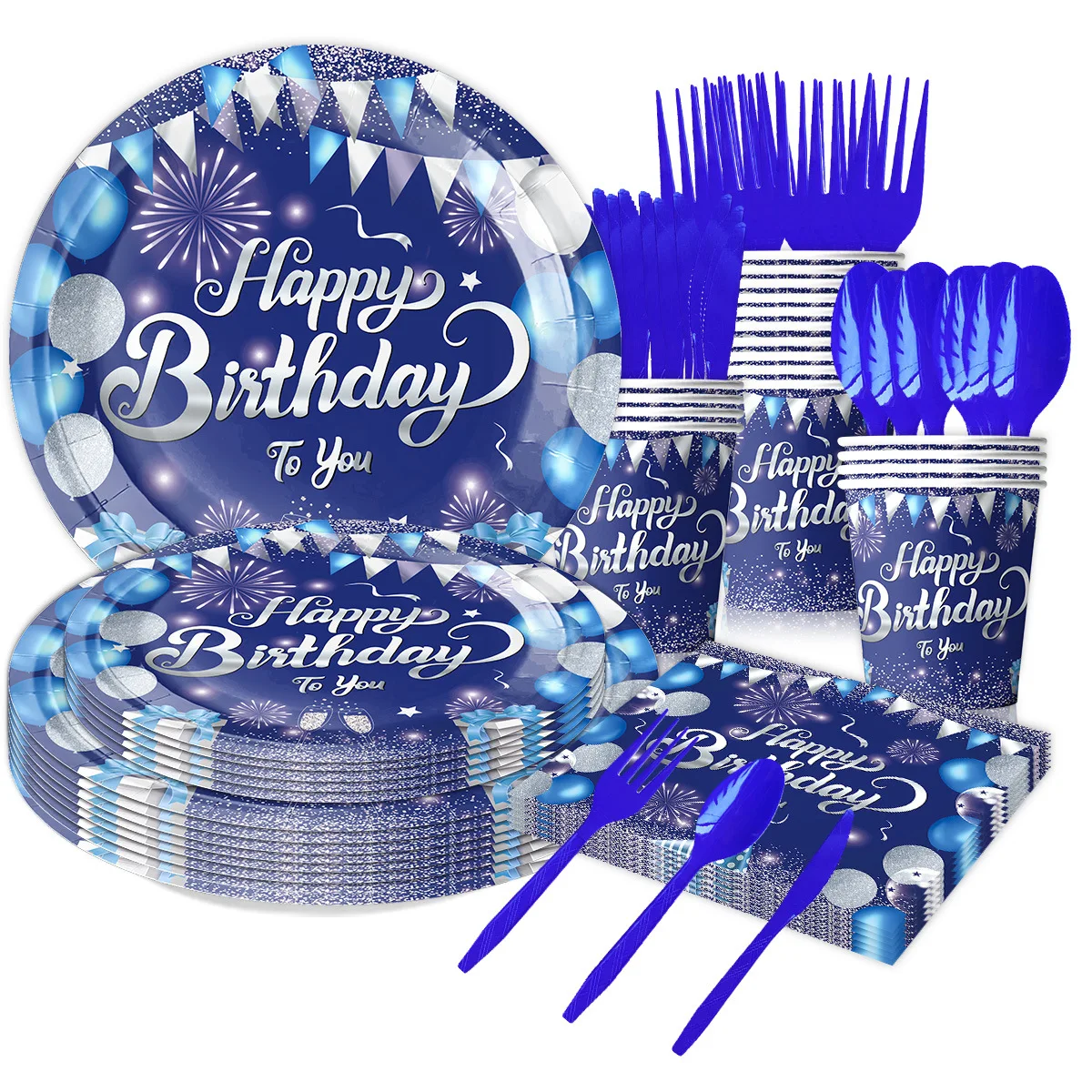 Ink Blue Diamond Party Tableware Disposable Birthday Paper Plate Set Paper Cups Paper Towels Birthday Party Supplies Decoration