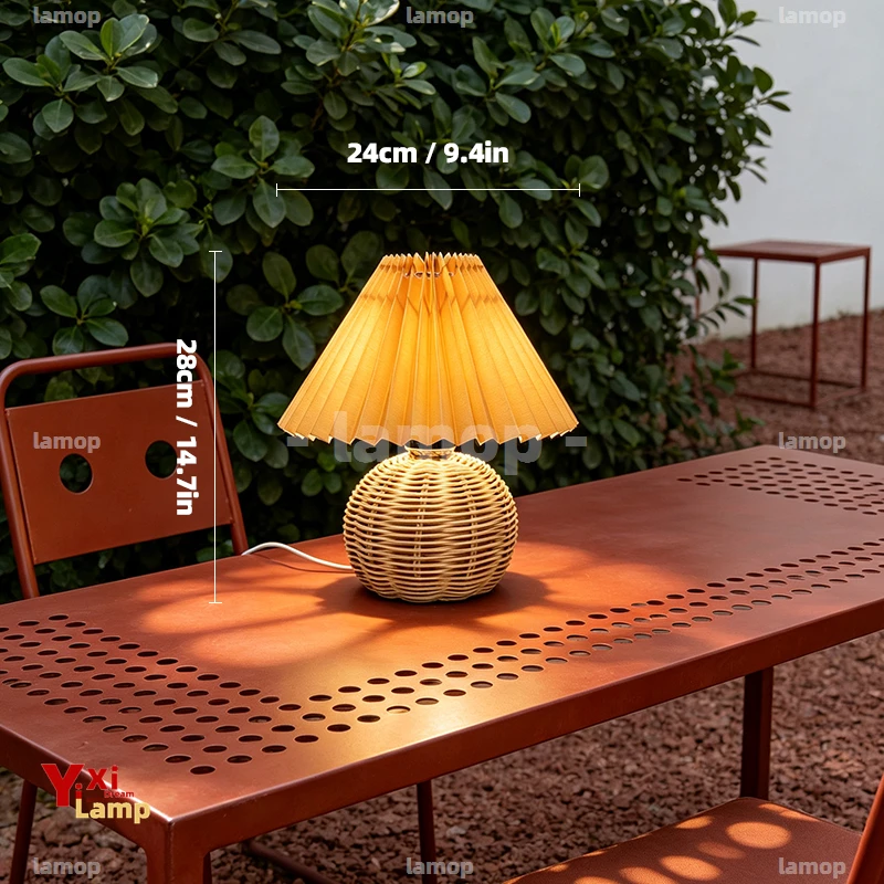 Pleated Fabric Shade Rattan Table Lamp Even Light Output Cottage Style Light For Side Table Dorm Household Display