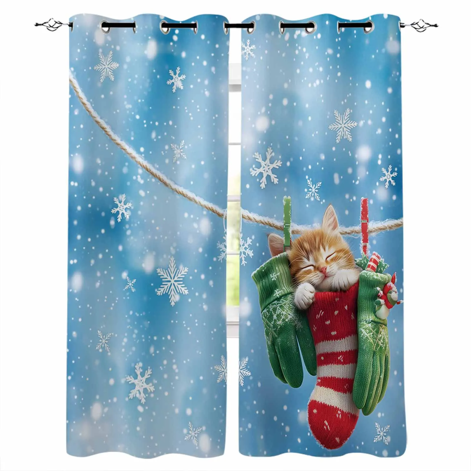 Cartoon Star Cat Christmas Socks Snowflake Curtains Large Window Window Curtains Curtain Lights Bathroom Bedroom Kitchen Decor