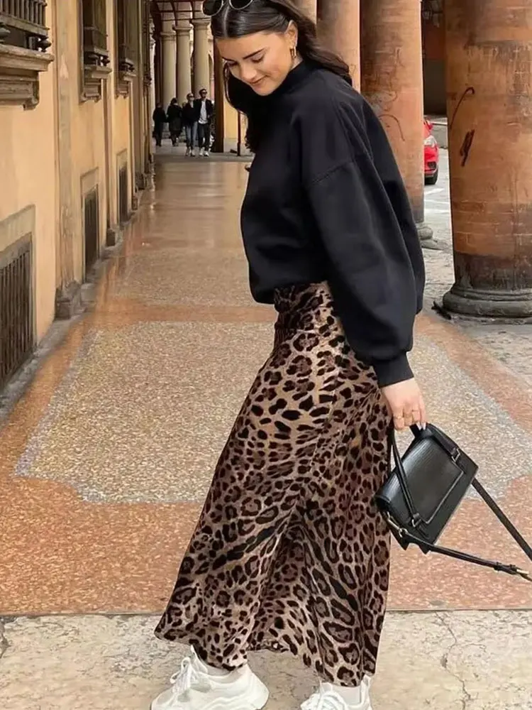 HH Gonna longuette a vita alta vintage con stampa leopardata moda donna Gonna longuette casual estiva da donna elegante