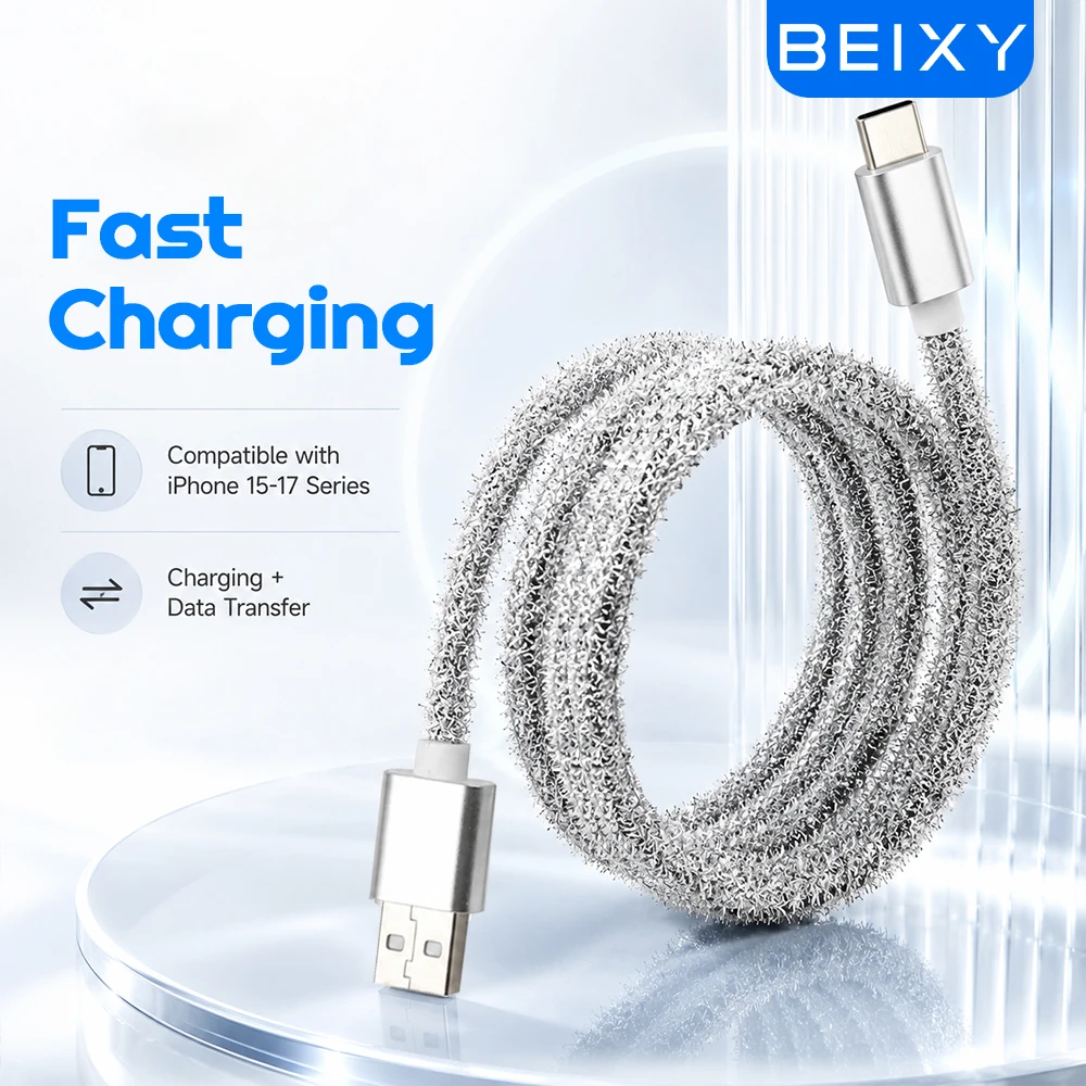 Кабель-удлинитель Beixy 3 м USB Type C для быстрой зарядки для планшетов Xiaomi, Samsung, Huawei, серебристый, с узором 