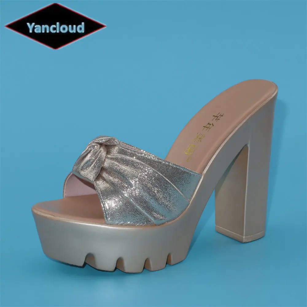 

Plus Size 32 33 41 42 43 Summer Original Bow Block High Heels Shoes Summer Slippers 2023 Women's Platform Slides Office Model