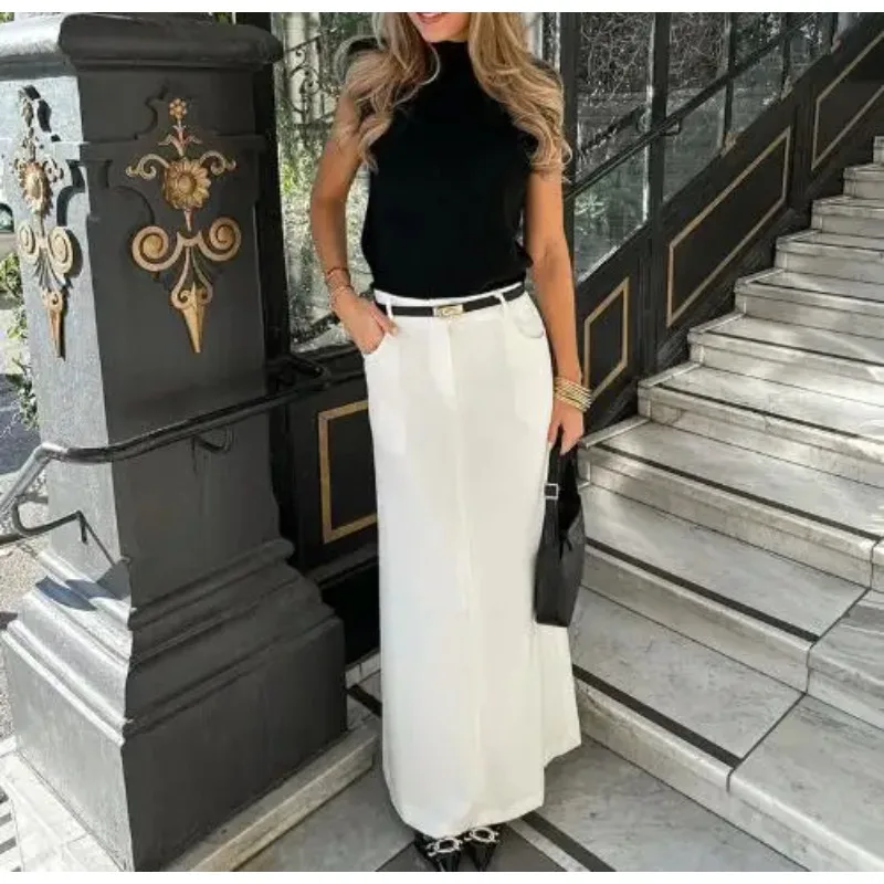 

2026 Summer Women Elegant High Waisted Straight Tube Half Skirt New Solid Color Temperament Straight Tube Casual Half Skirt