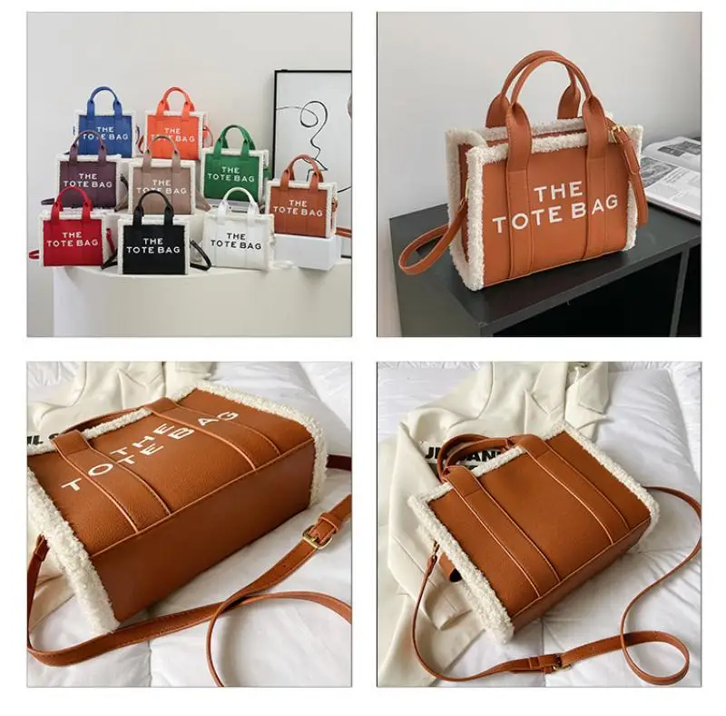 Brand Letter Big Tote Bags for Women Men Pu Lambswool Shoulder Crossbody Bag Plush Large Handbag Ladies Fashion Handle Bags Ins