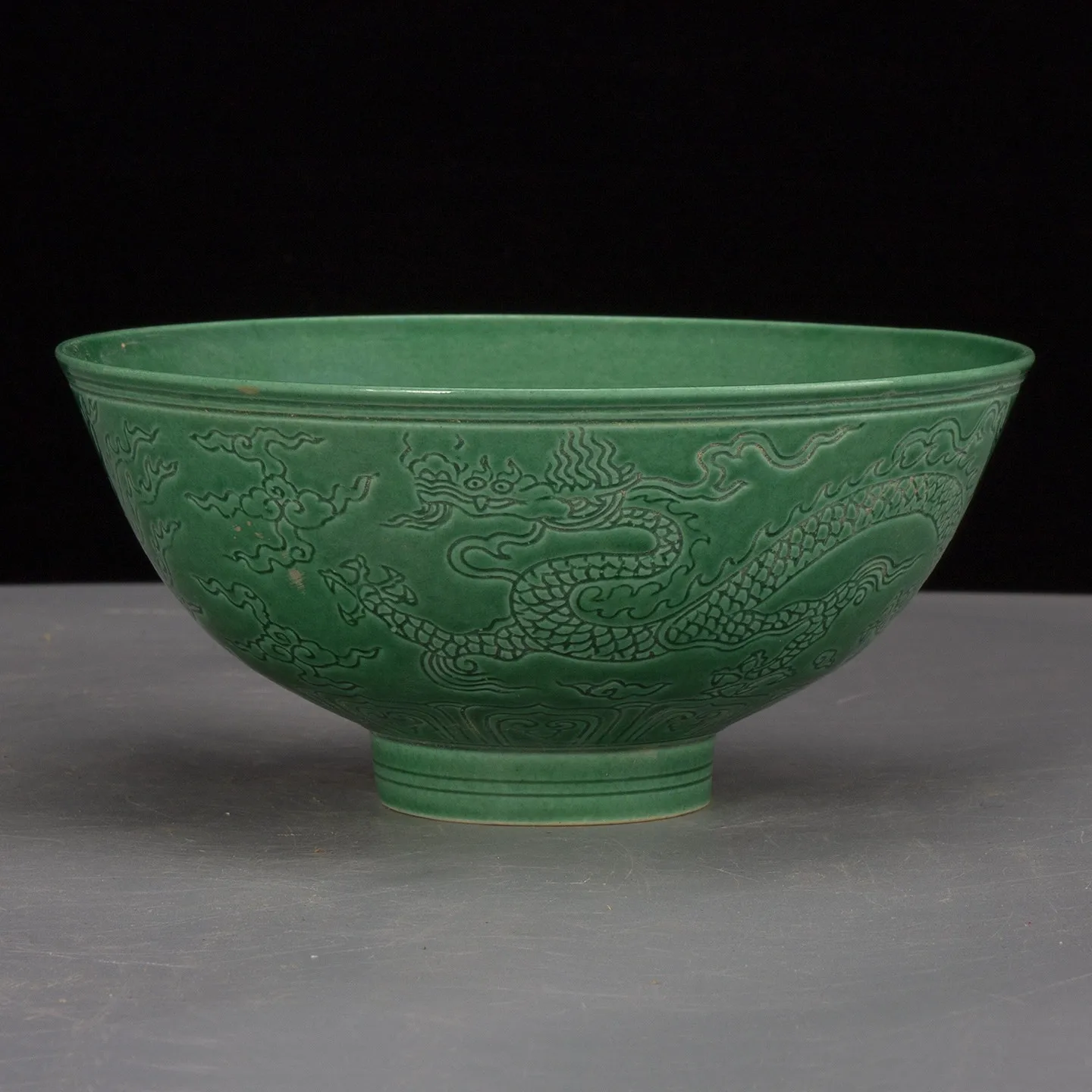 Chinese Green Porcelain Bowl Ming Chenghua Carved Dragon Phoenix Design 6.1 inch