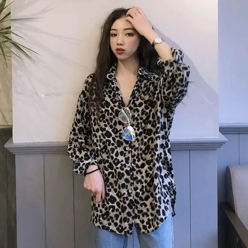 

Western Style Fashion Women's Clothing Spring Summer New Long Sleeved Leopard Printed Shirt Casual Loose Slimming Versatile Top