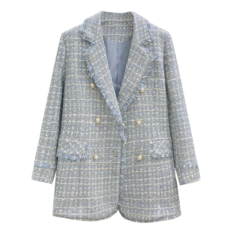 Blue Tweed Women Blazer Jacket 2022 New Office Lady Plaid Double Breasted Button Up Coat Casual Girls Streetwear