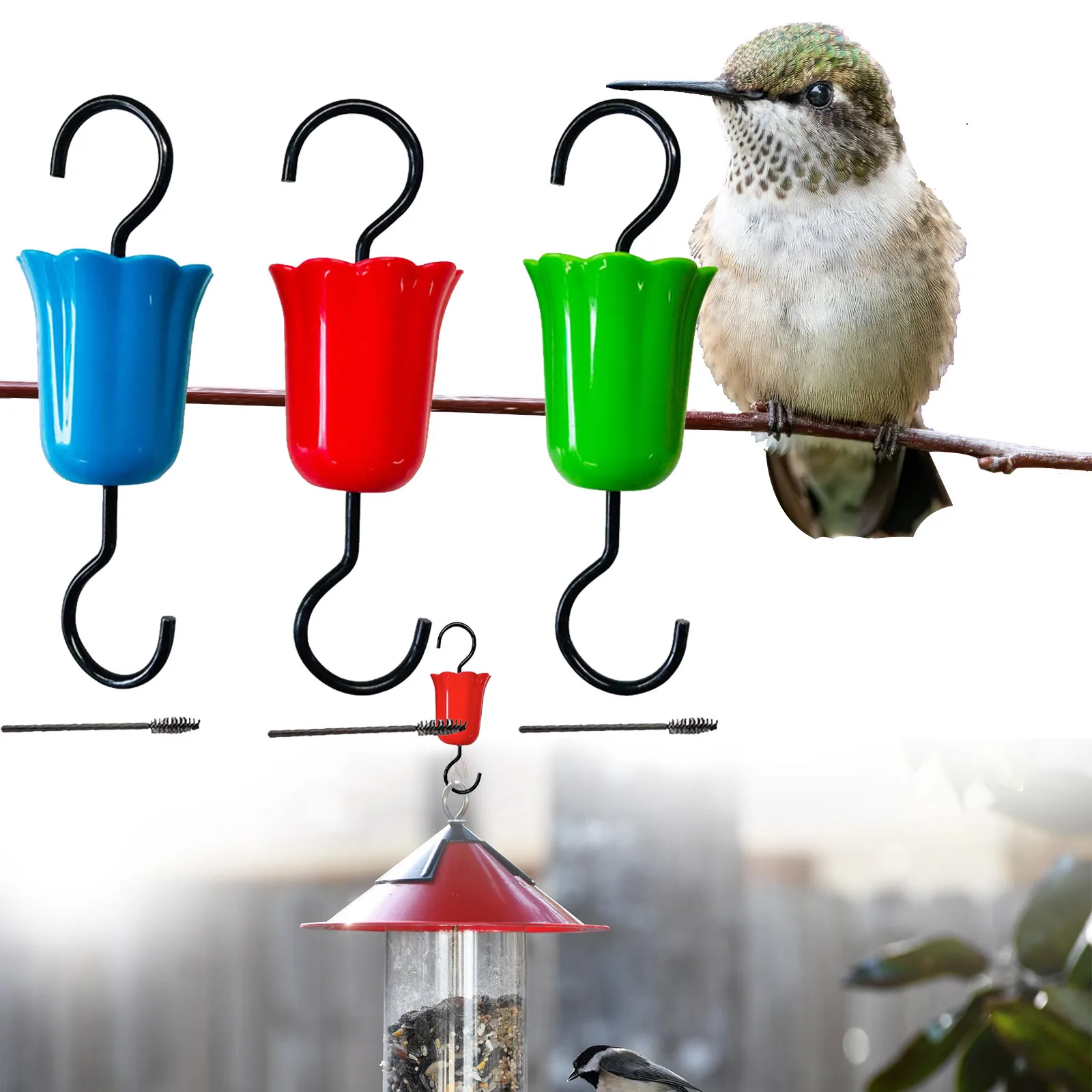 1 unidad de comedero para colibríes con protector de insectos, foso grande antihormigas para exteriores con ganchos, para comederos colgantes de jardín.
