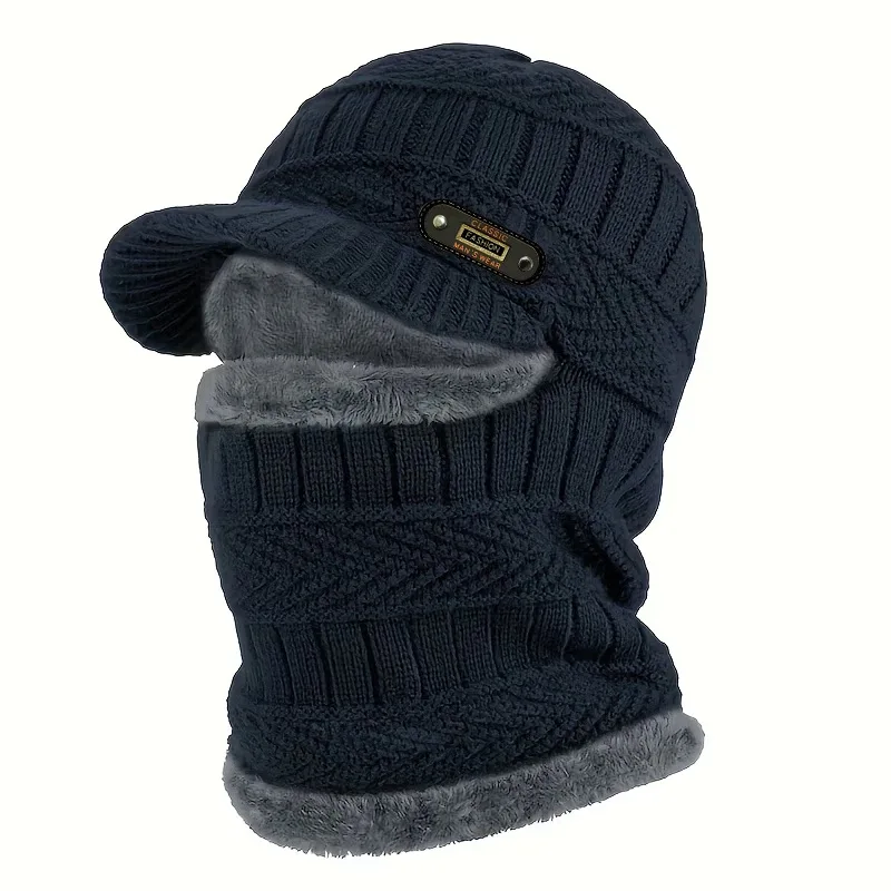 Men's Fleece-Lined Ear-Protecting Knit Hat with Brim and Integrated Neck Warmer, Winter Outdoor Skiing and Cycling Windproof Warm Wool Hat. Long-Tail Title for Seo (Suitable for Ads, Variant Titles)