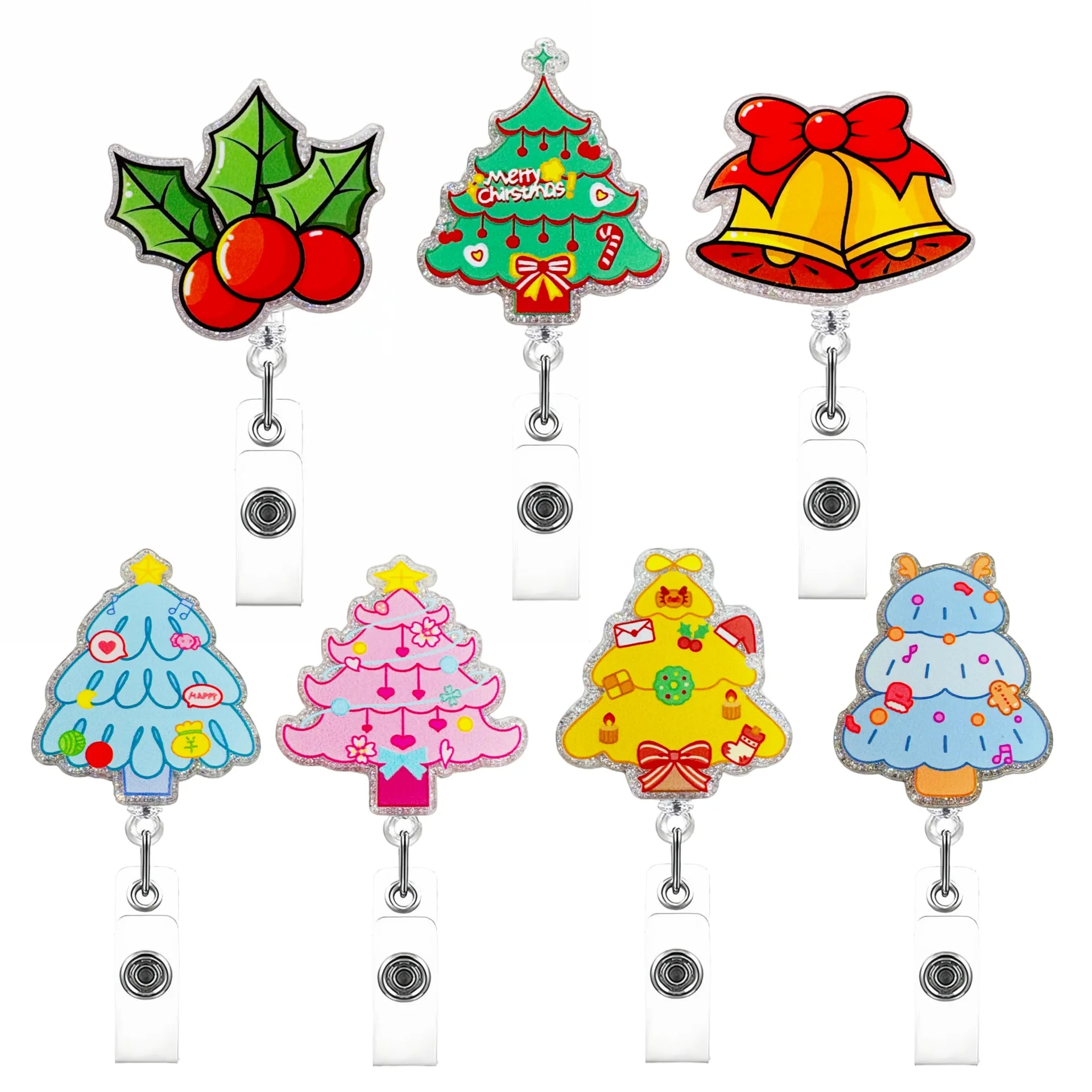 Christmas Creative Christmas Tree Glitter Acrylic Retractable Badge Reel ID Badge Holder Christmas Gift for Nurse