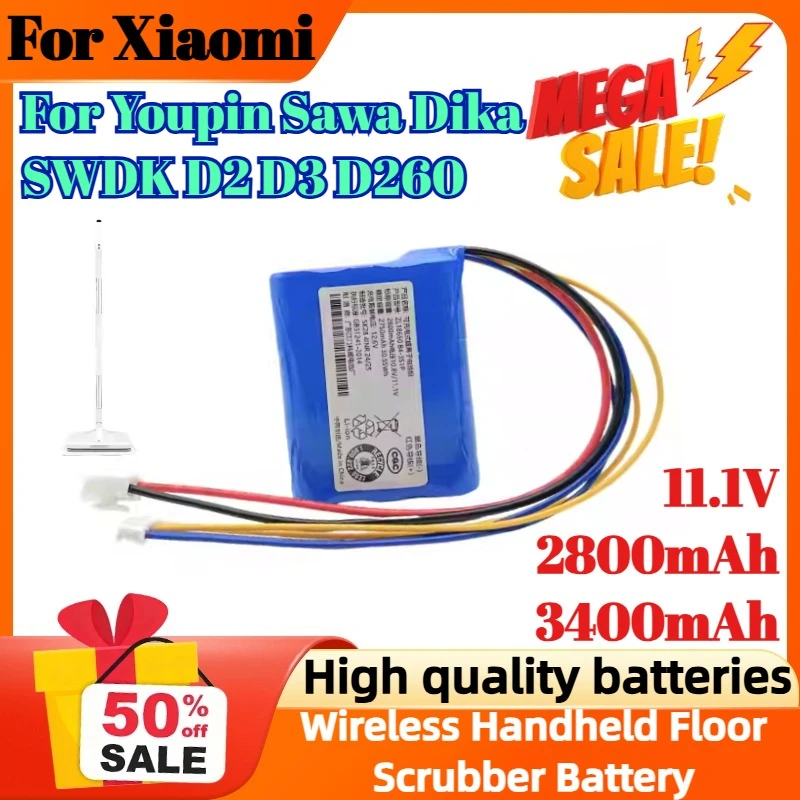 

11.1V 2800mAh 3400mAh For Xiaomi Youpin Sawa Dika SWDK D2 D3 D260 Wireless Handheld Floor Scrubber Lithium Battery