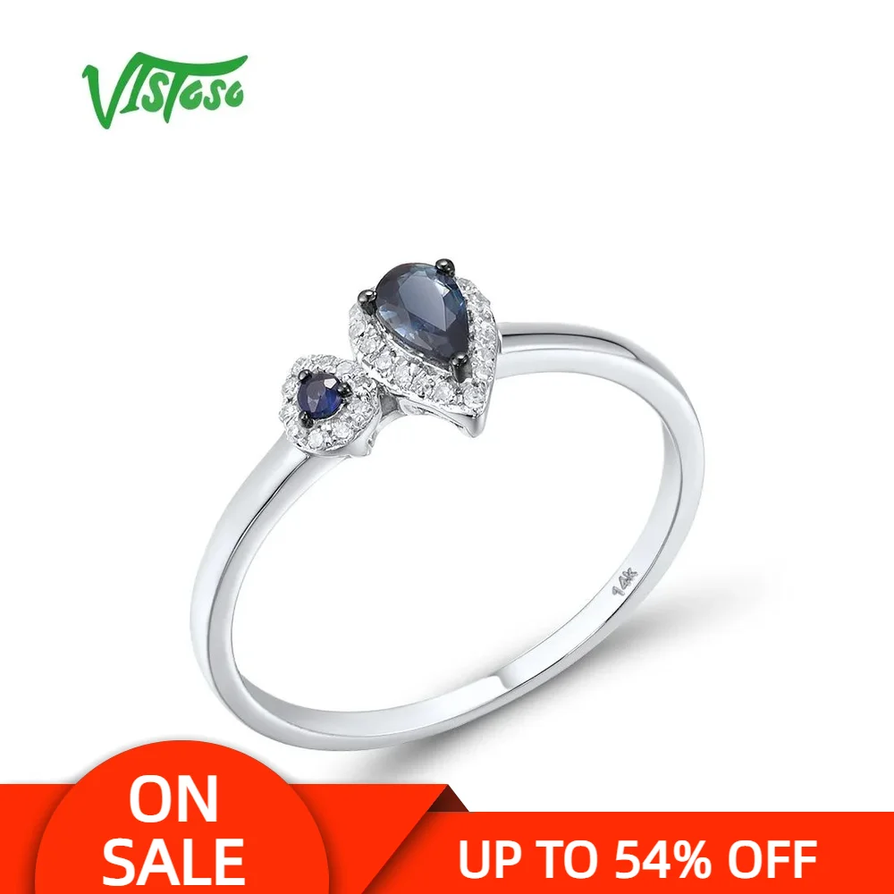 

VISTOSO Genuine 14K 585 White Gold Rings For Women Sparkling Blue Sapphire Diamond Rings Simple Style Dainty Trendy Fine Jewelry