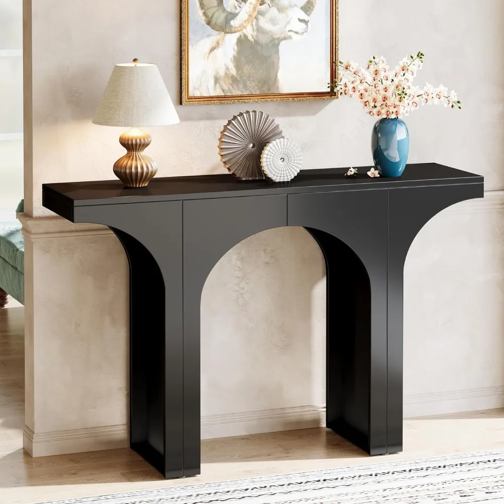 

Black Console Table, 47-Inch Entryway Console Table, Wood Sofa Table Behind Couch with Arched Base, Narrow Hallway Table, Moder