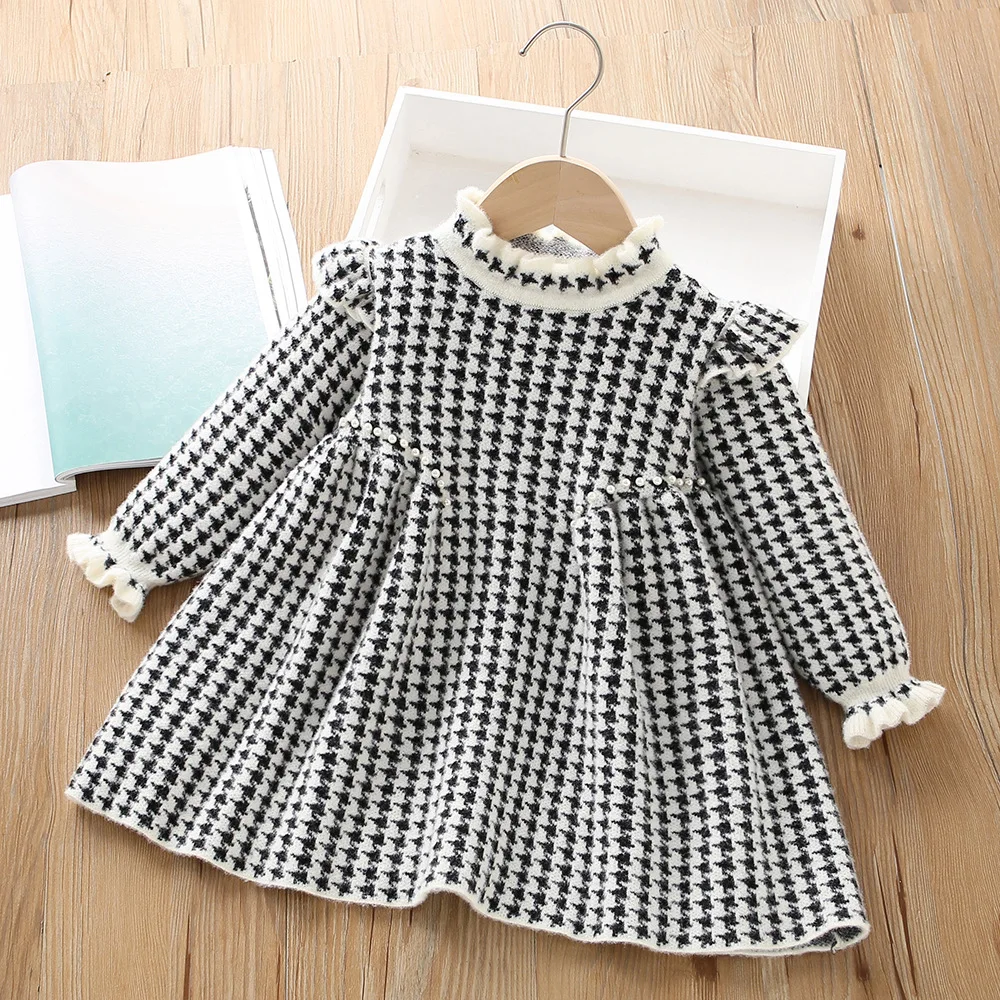 Girls' sweater dress Autumn/winter new foreign imitation mink velvet thousand bird check knitted baby girl dress 2-6 years old