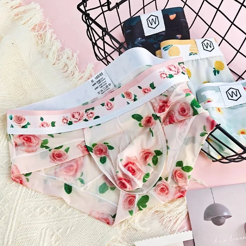Summer Men's Ice Silk Briefs – Lightweight, Soft, Sweet & Cute Print, Casual Loungewear Flower Graphics BF Gifts LGBQT Harajuku