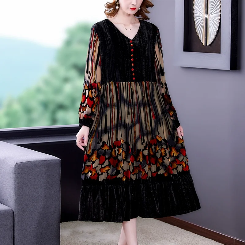 Autumn Fashion Versatile Real Velvet Dress For Women 2023 New Elegant Print Knee Length Dress French Loose Fit Party Dress Vesti