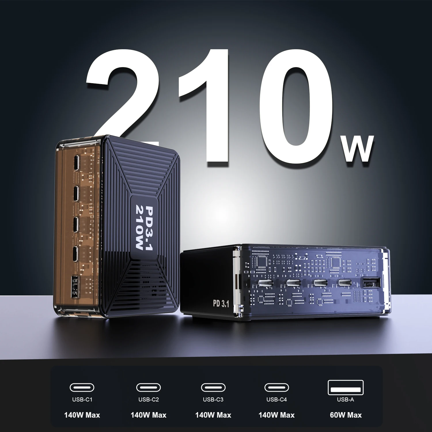 شاحن USB C 210 وات، GaN PD3.1 140 وات 100 وات PPS محطة شحن سريعة من النوع C محول طاقة للكمبيوتر المحمول MacBook Samsung S23 iPhone 15