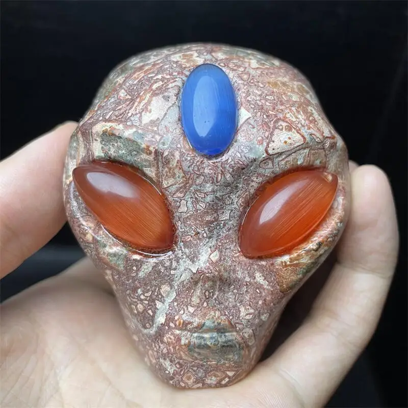 

1PC Natural Leopard Stone Alien Skulls Carved Healing Crystal Reiki Figurine Spiritual Wicca Home Decoration