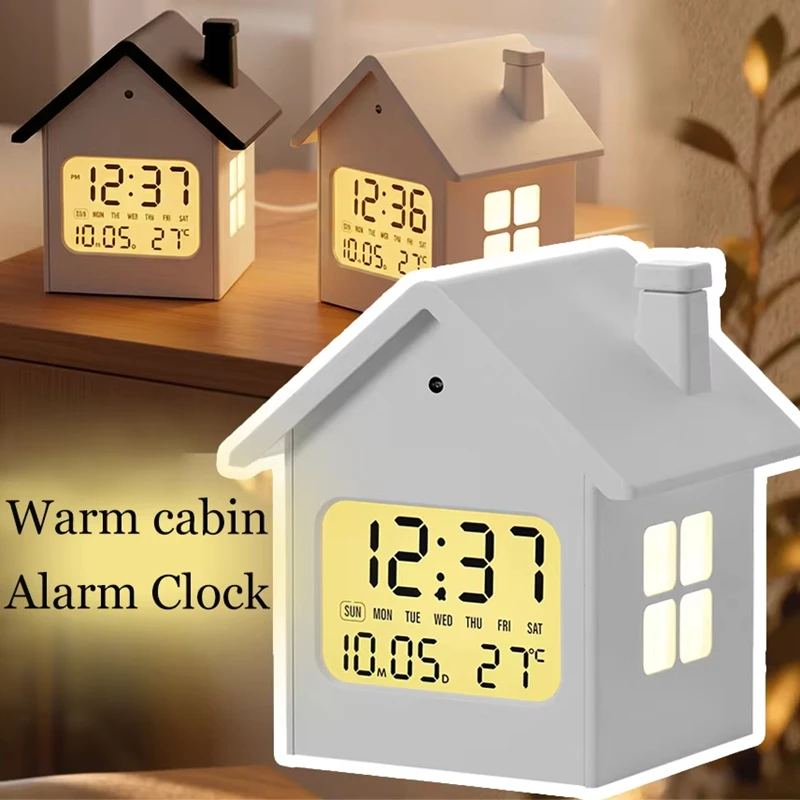 LED House-Shaped Digital Alarm Clock Versatile Light Sensitive Automatic Sensing Clock Creative Home Decor With Time Temperature