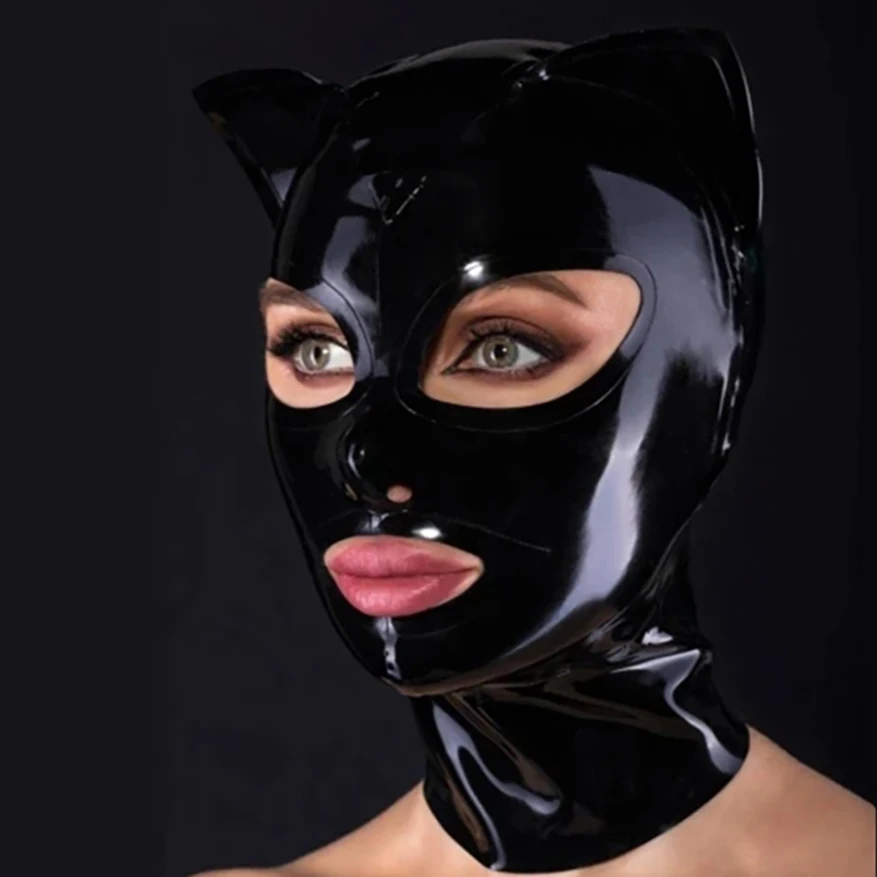 Sexy Cosplay Cat Ears Women Men Latex Fetish Hood Mask Catsuit with Back Zipper Headpiece Handmade S-LM271