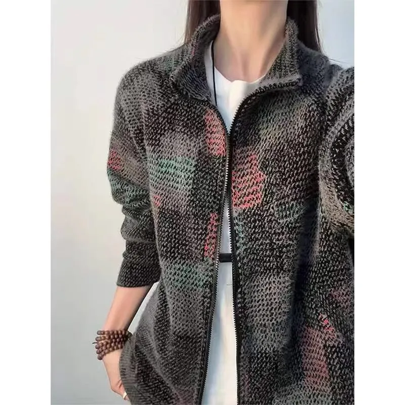 

Colorful Plaid American Retro Stand-up Neck Sweater Men's Autumn Trend High-end Lazy Wind Knitted Cardigan Jacket