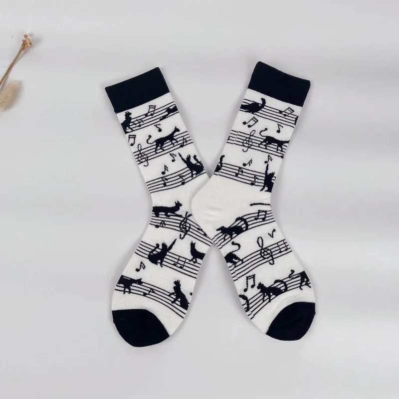 1 Pair Dancing Cat And Music Notes Pattern Mid-Calf Socks，Breathable Cotton Blend, Fashionable Couples' Crew Socks