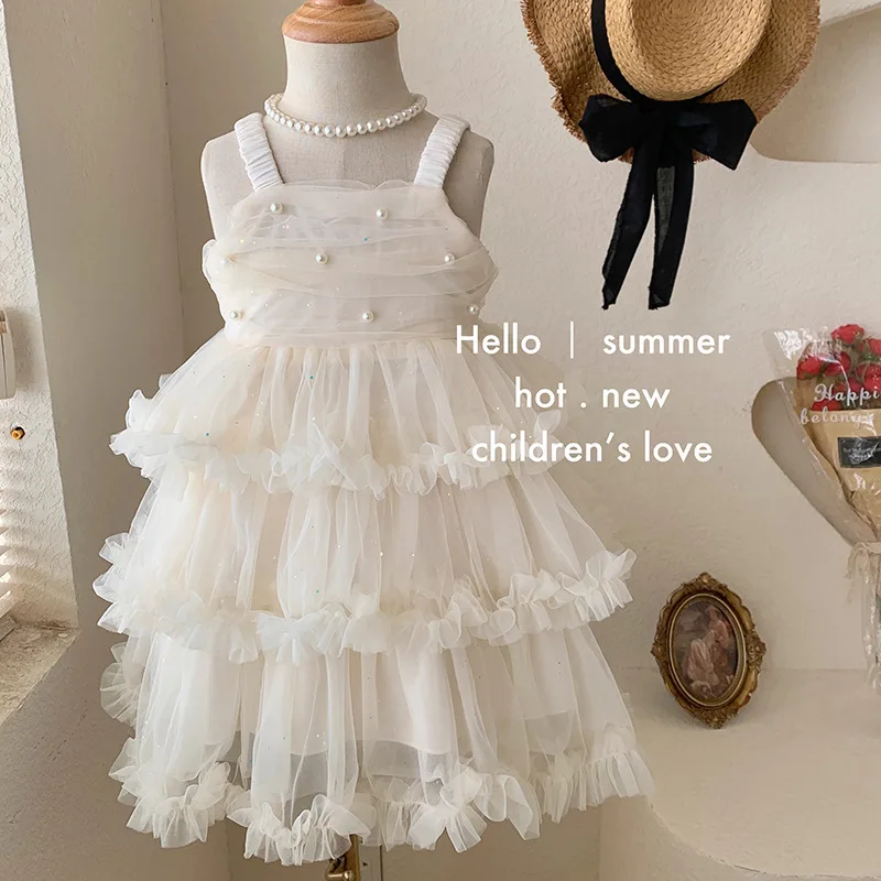 

2024 Sleeveless Tulle Girls Party Cake Dresses Solid Princess Dress Children Slip Dressed Holy Communion Kids Girl New Clothing