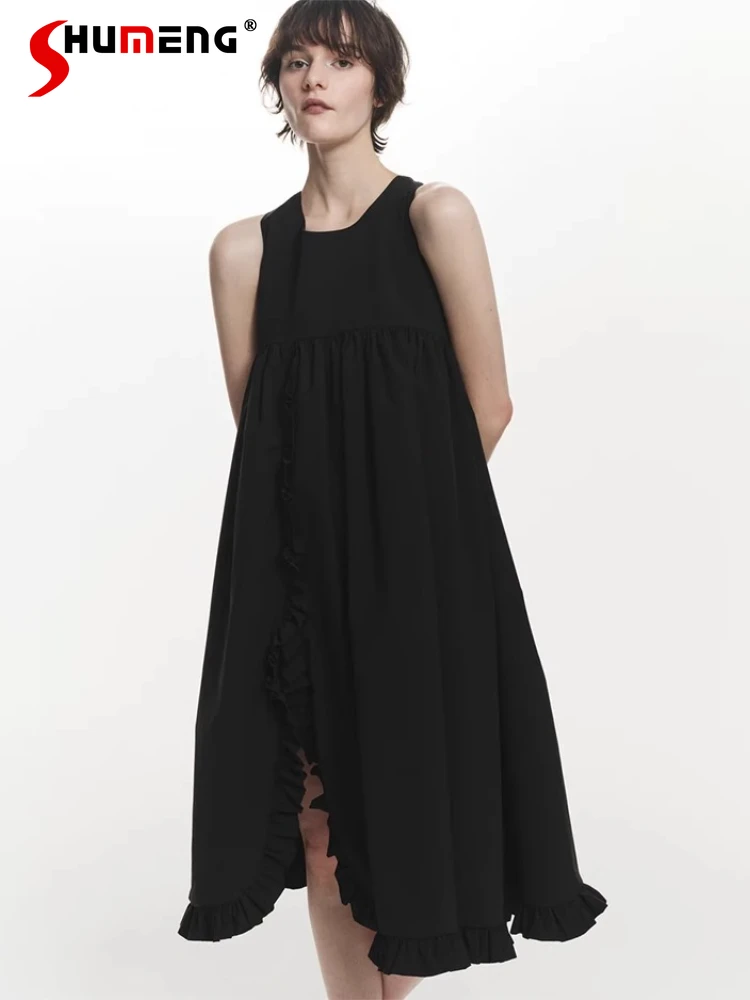 

Japanese Fashion Sweet Black Long Dresses Summer Women's French Elegant Sleeveless Big Hem Dress Basic Casual Dress for Women