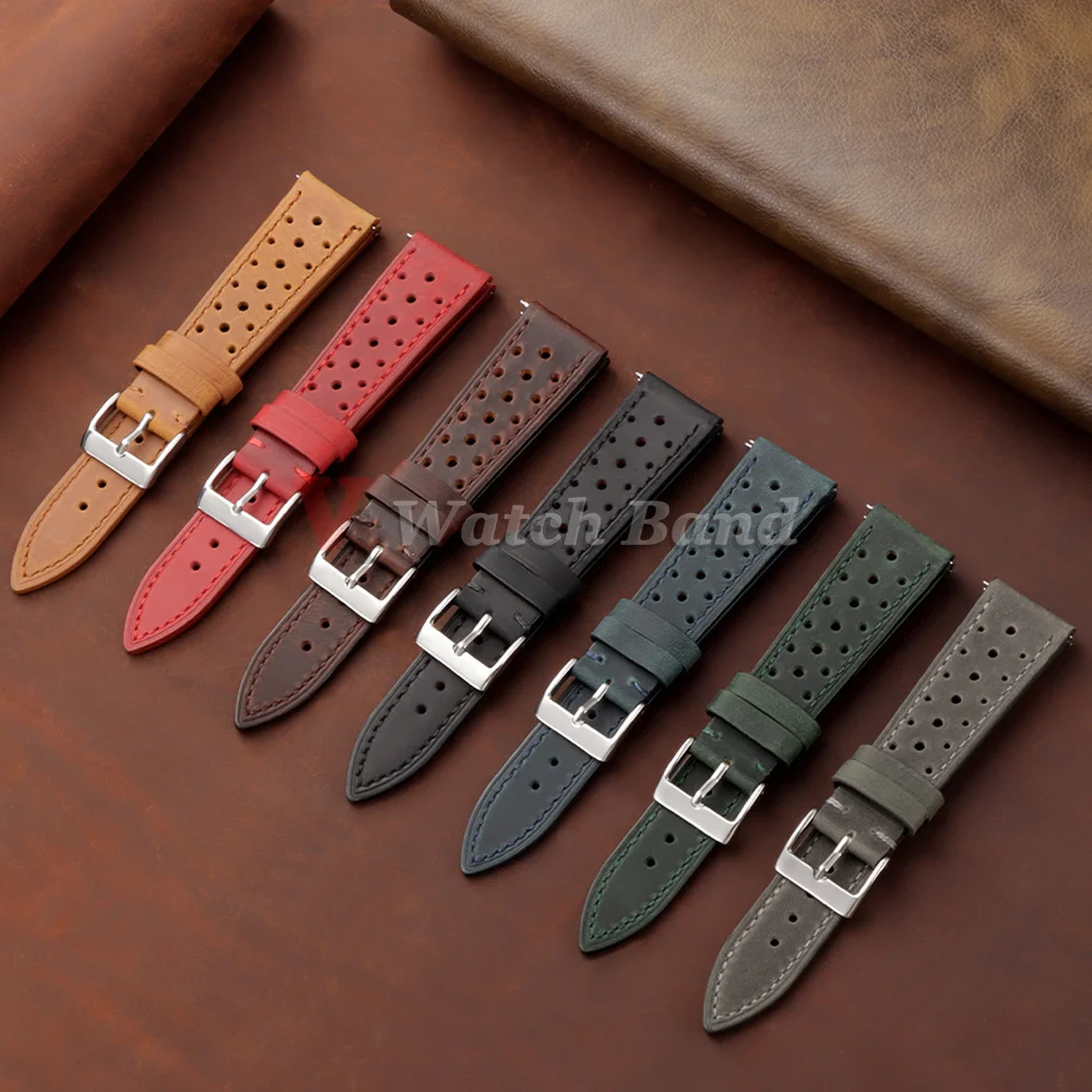 Quick Release Watch Strap Brown 18mm 19mm 20mm 21mm 22mm 24mm Vintage Racing Leather Watch Strap Breathable Porous Watchbands