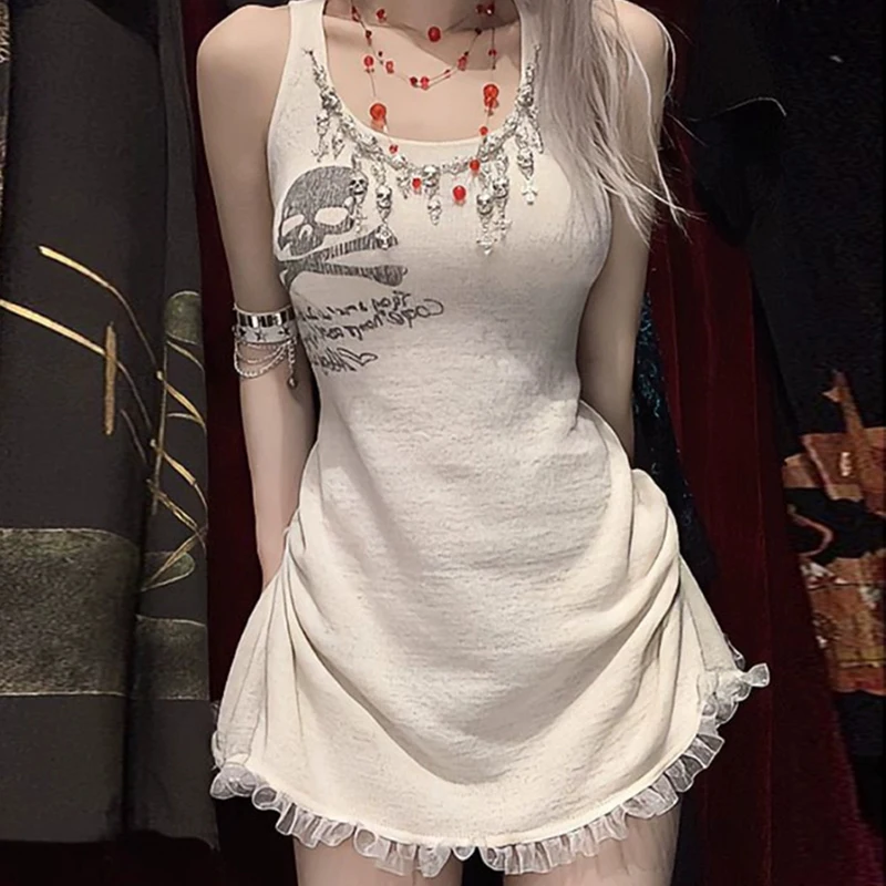 Y2K odzież damska arcane Sweet Goth Style Cream White Halter Dresses Women Skirts Skulls Sexy Cute Dress and Coat Dress Sets