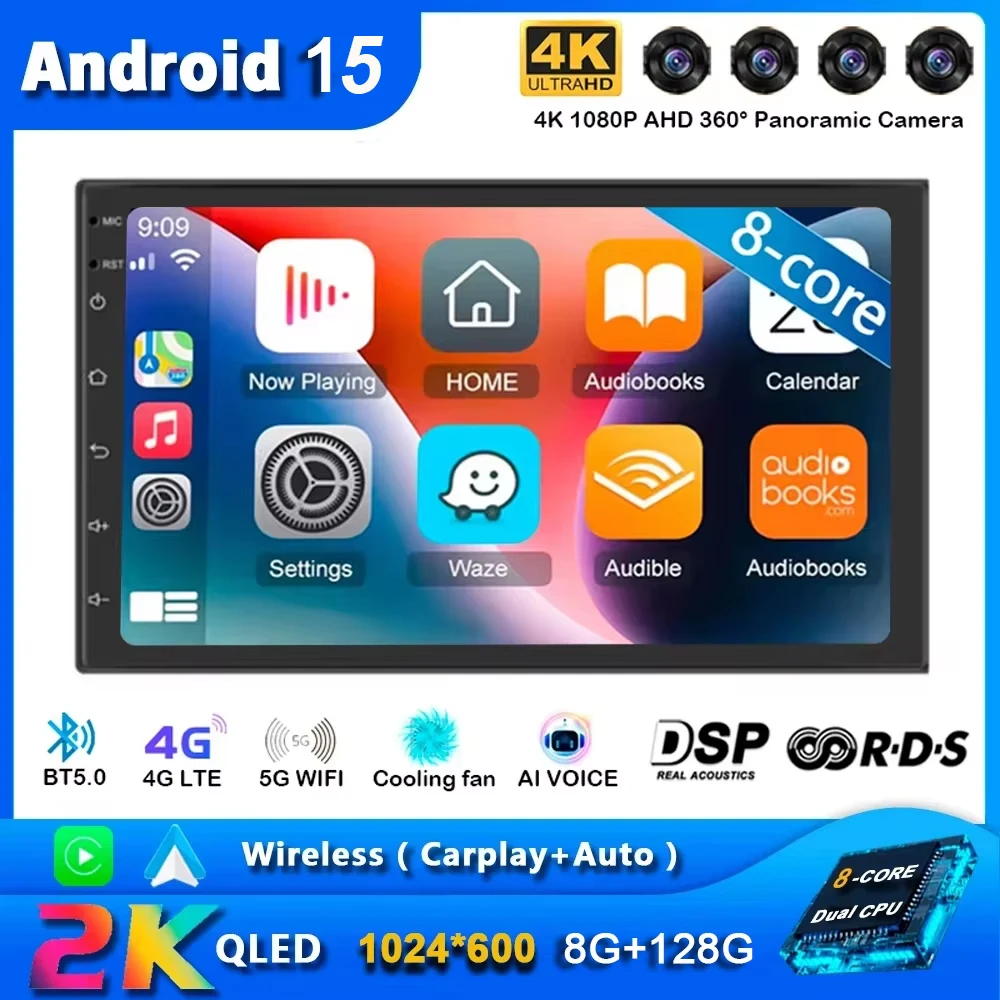 7 Inch 2 Din Android 15 Auto Car Radio Multimedia Video Universal Stereo Carplay GPS For Volkswagen Nissan Hyundai Kia Toyota