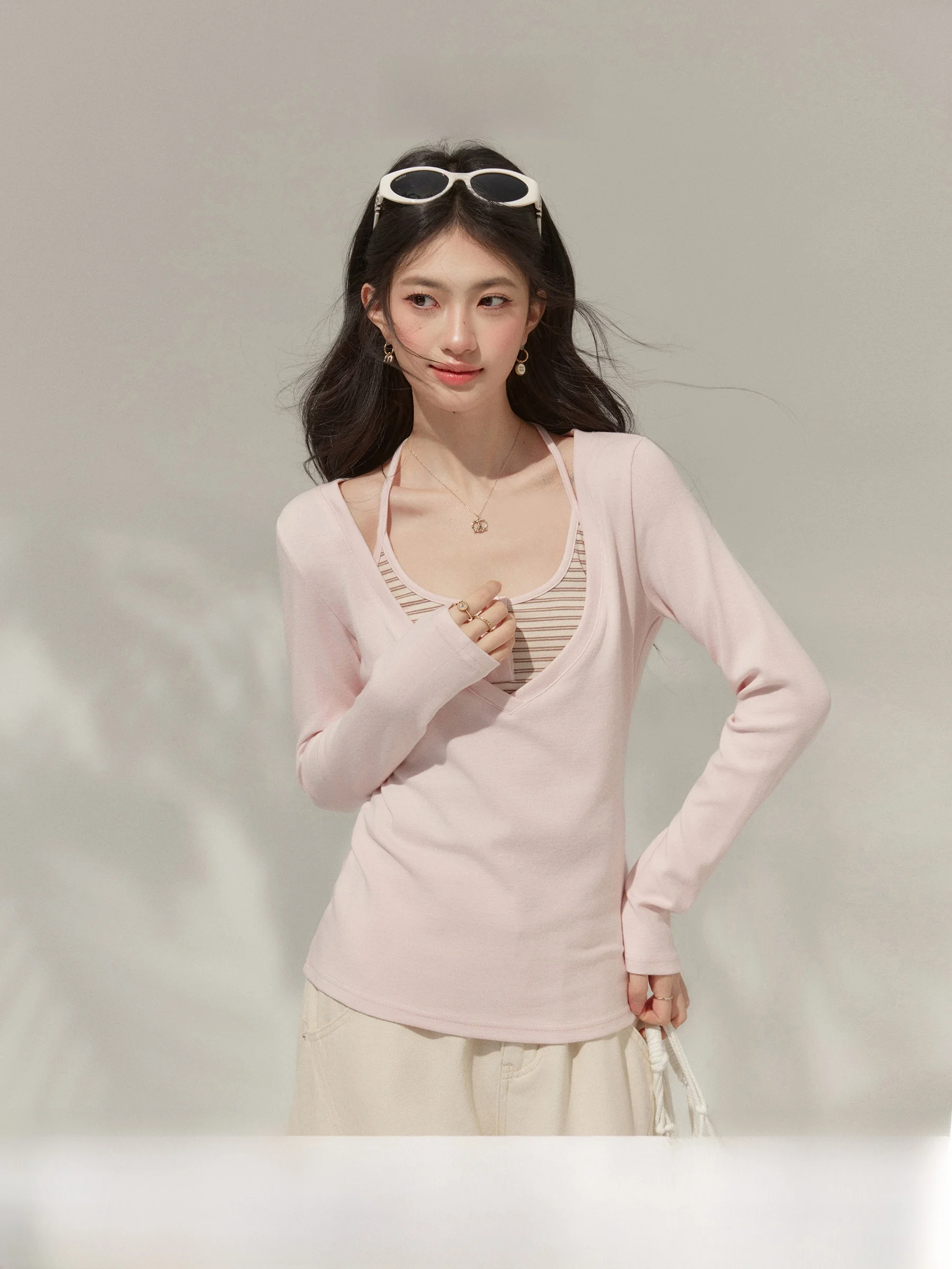 

QingShu Lover plus Size Women's Pink Long Sleeve T-Shirt Strap Spring Slimming Two-Piece Set Korean Style A-Line Sleeve
