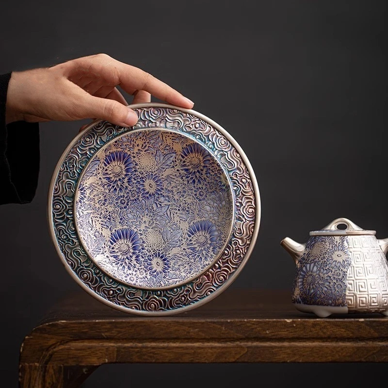 Ceramics Gilded Silver  Sunflowe Pot Bearing Ceramic Water Storage Kettle Mat Tea Teapot Base Tea  Tray