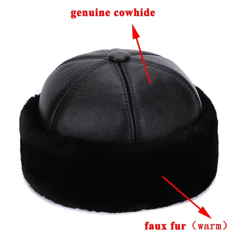 Leather Bone Hat For Men Winer Genuine Cowhide Thick Faux Fur Lining Landlord Skull Caps Ourdoor Windproof Warm Docker Yarmulke