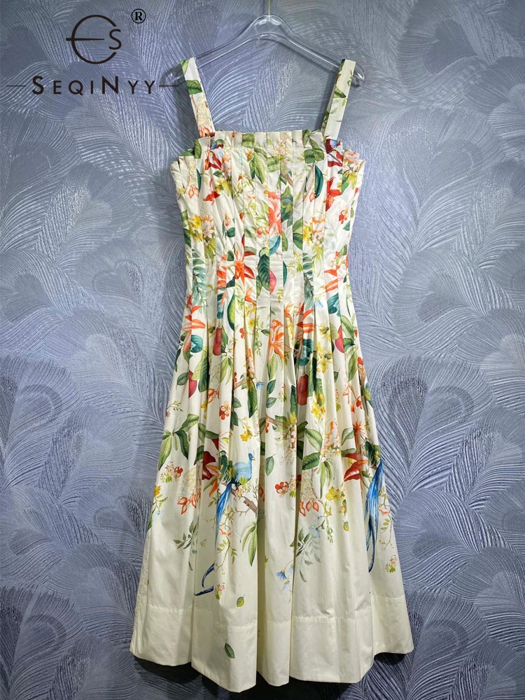 

SEQINYY Strapless Midi Dress Summer Spring New Fashion Pleated Vintage Flower Print High Quality 100% Cotton A-Line Beige Casual