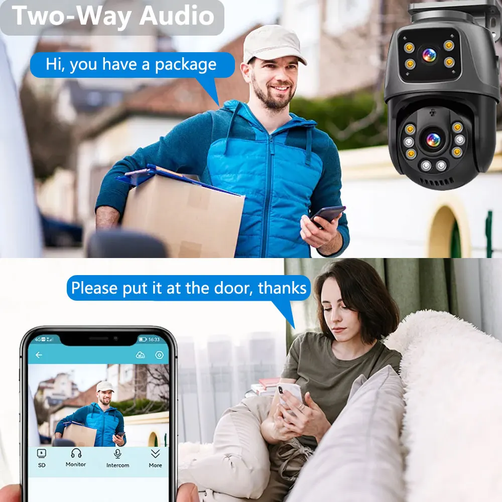 Kamera Pengawas Jaringan POE 4K 8MP Kamera IP PTZ ONVIF Lensa Ganda Audio Dua Arah Deteksi Manusia Keamanan Luar Ruangan ICSEE XMEYE