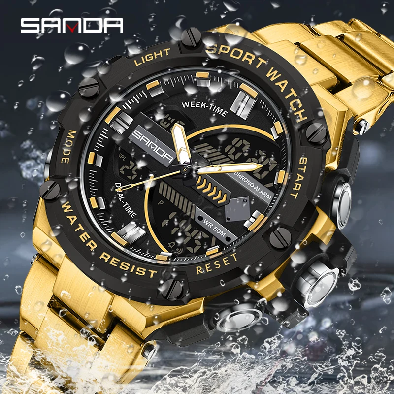 SANDA 2024 New Sport Military Men\'s Watches 50M Waterproof Dual Display Wristwatch Male Clock Stopwatch Relogio Masculino 3173